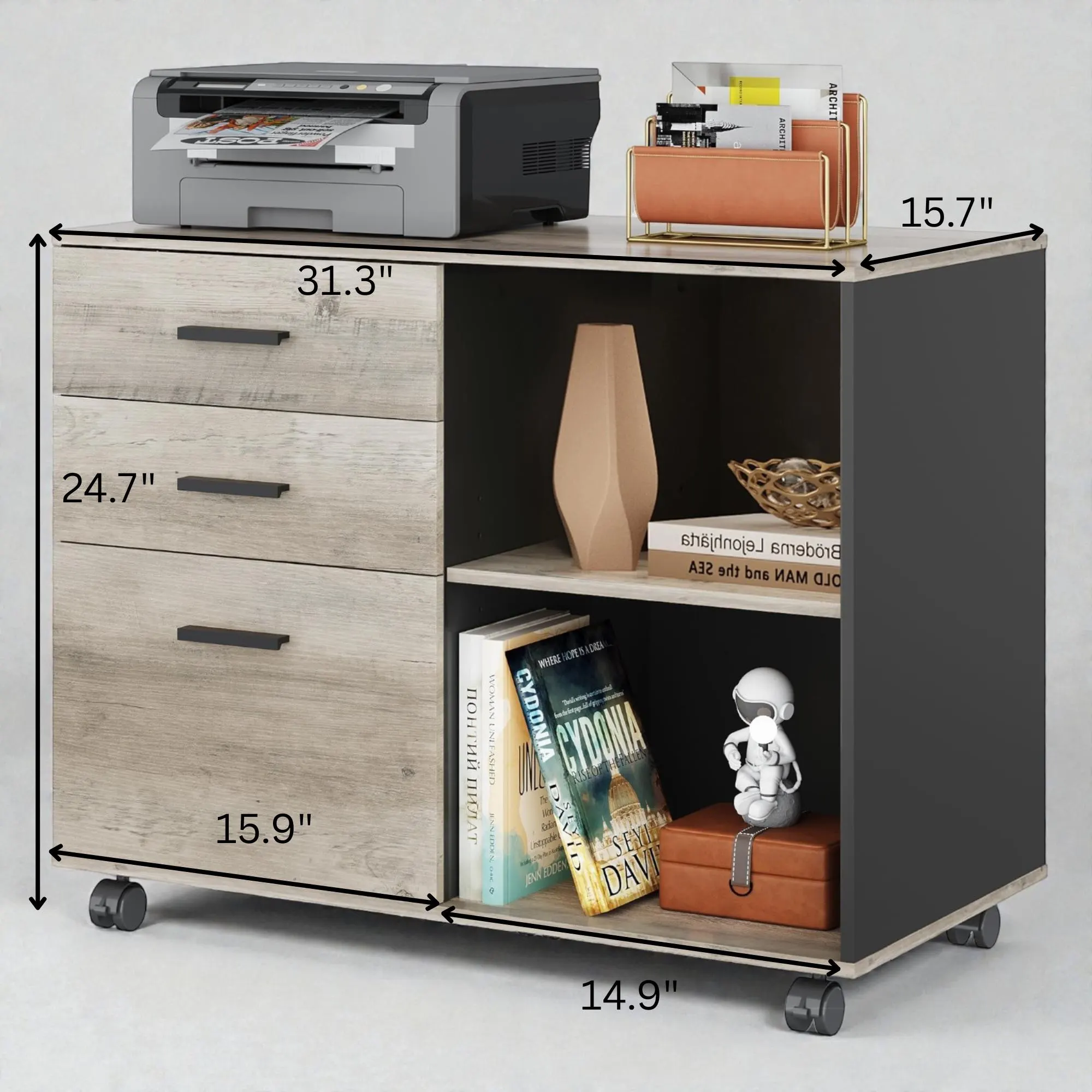 Wood Lateral File Cabinet 3 Drawer Printer Stand with Shelves for Home Office