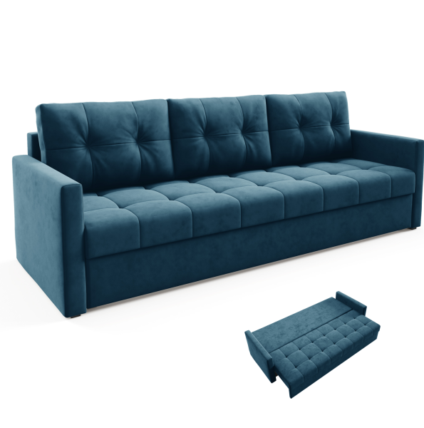 Elegancka sofa OLIVIA z funkcją spania pikowana Ciemno Niebieska automat DL