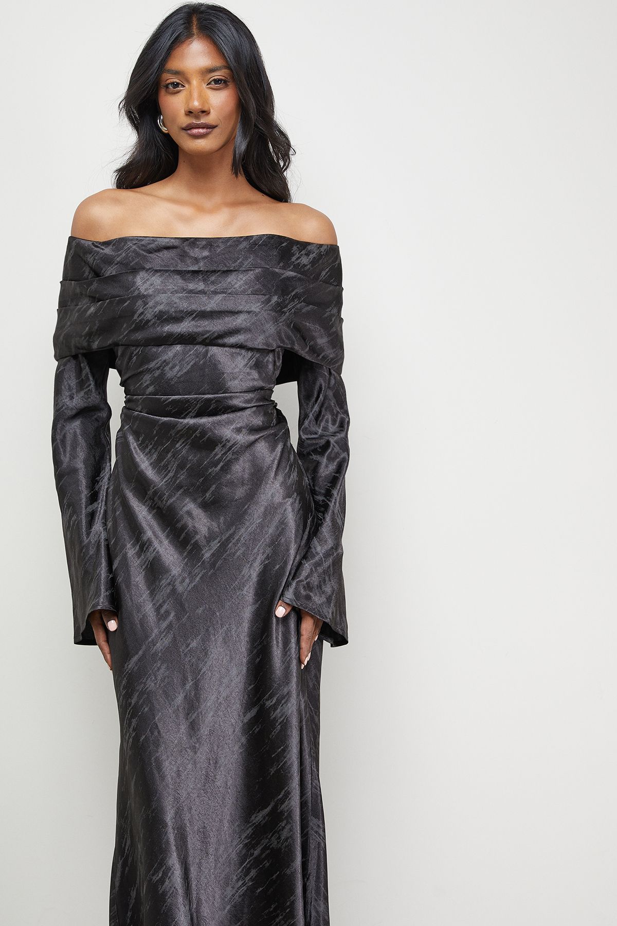 Warehouse Shimmer Satin Foldover Bardot Bias Midi Dress