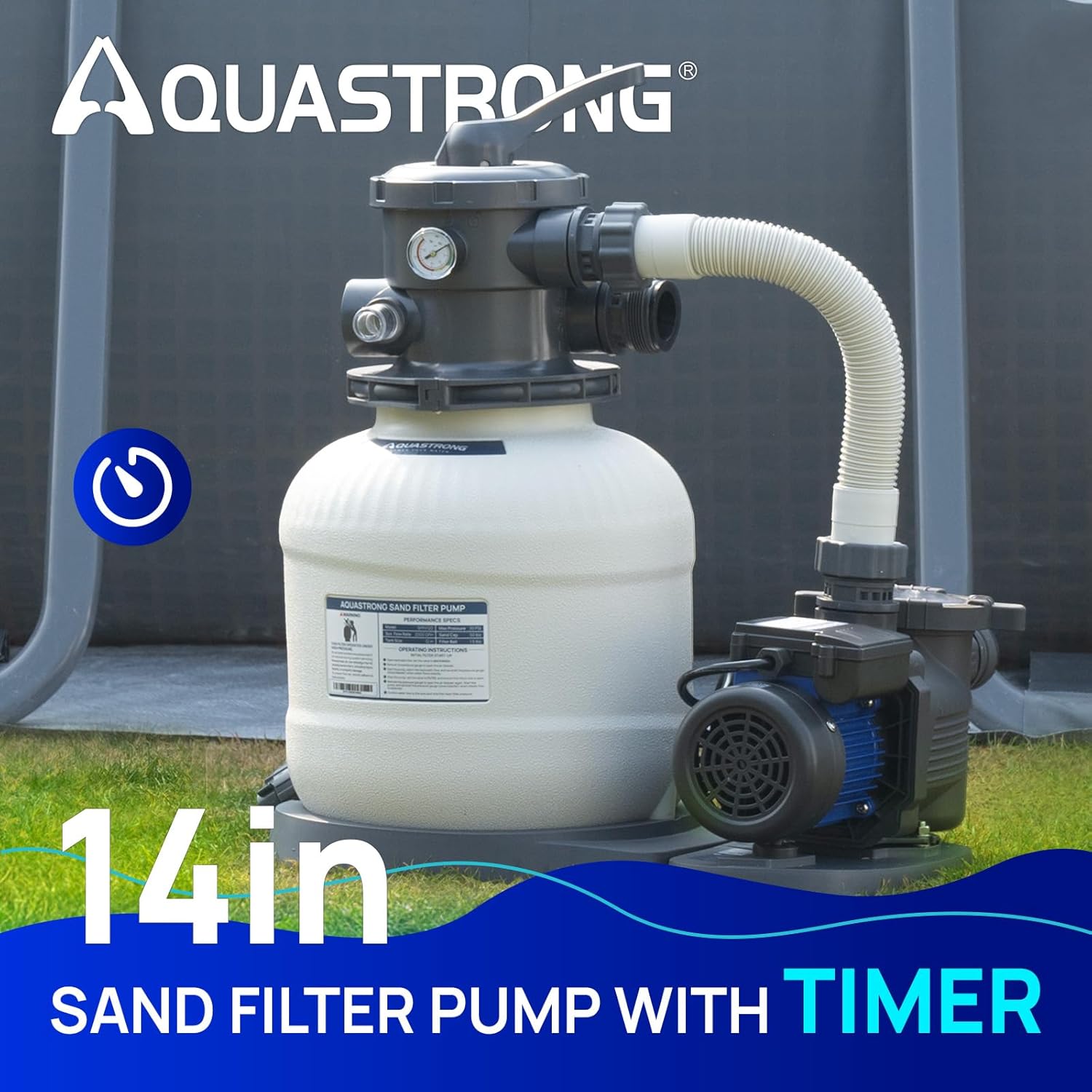 AQUASTRONG Sand Filter Pump for Above Ground Pool  Pool Pumps Above Ground Pool Sand Filter with 6-Way Valve Improved Circulation and Filtration  14in  2/3 HP 3000 GPH with Timer