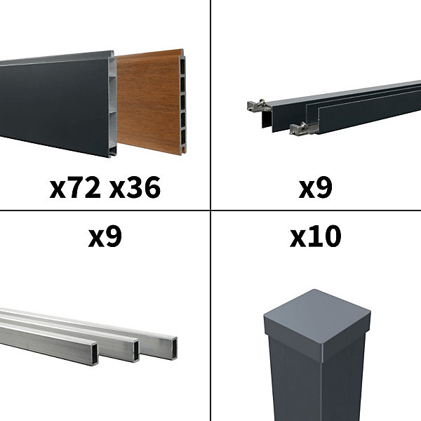 Kit Clôture Aluminium BAHIA &CRUZ Teck 16,5x1,8m - Bois Composite &Aluminium - Poteaux Gris - Brise Vue - Palissade