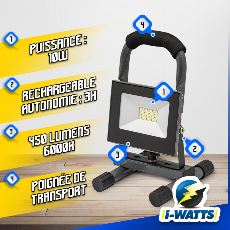 Projecteur LED rechargeable 450 lm 10 W I-WATTS