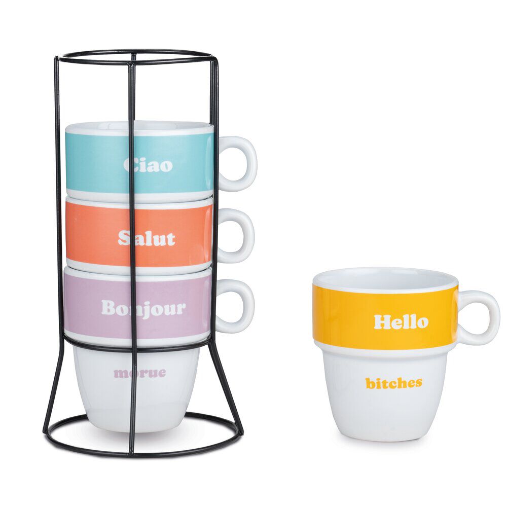 Lot de 4 tasses à café message avec support