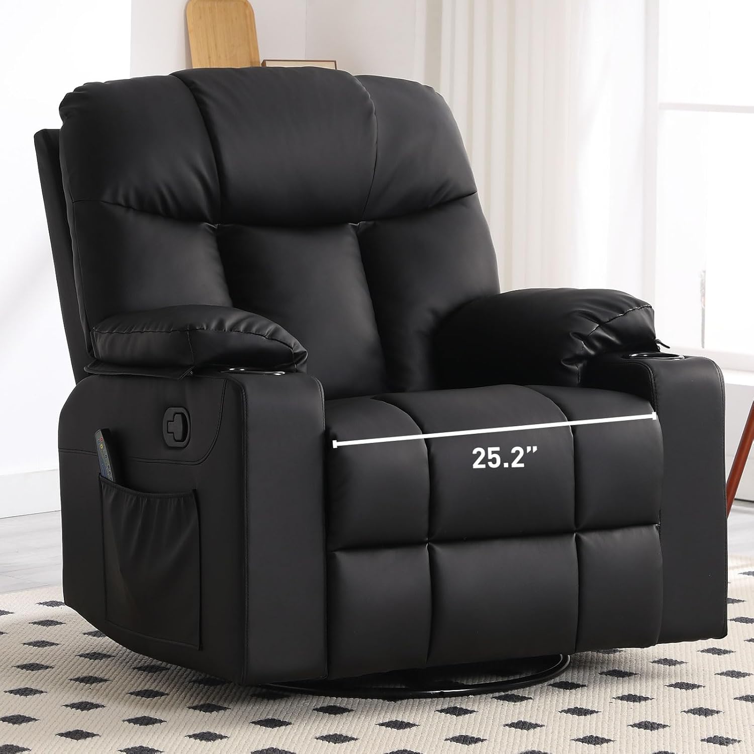Bonzy Home Oversized Swivel Rocker Recliner, 40 Rocking Recliner Chair with Heated and Massage, PU Leather Single Sofa with Swivel Function, 2 Cup Holders for Living Room Bedroom, Black