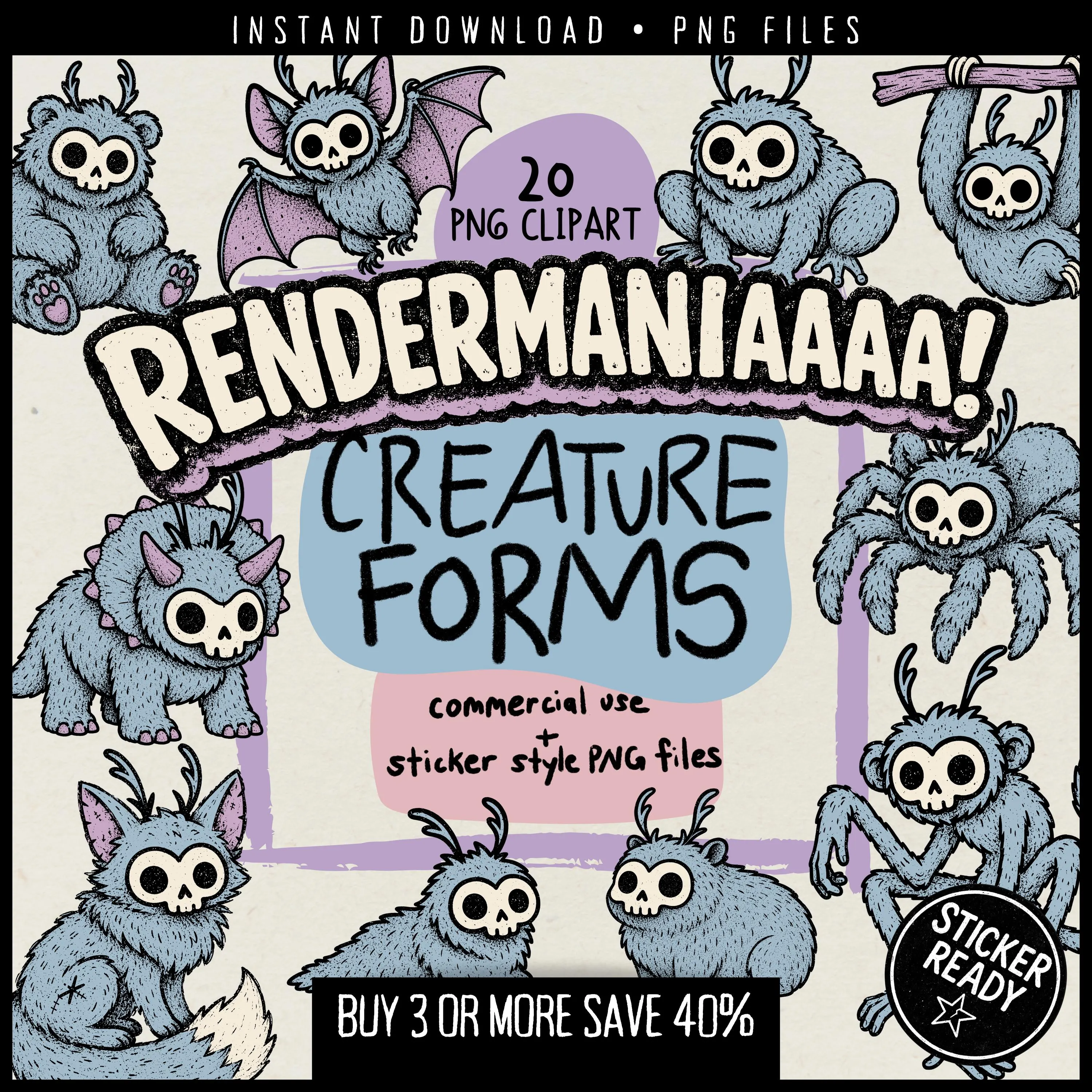 Creepy Cute Animal Clipart: 20 Skull Creatures, Pastel Goth Digital Horror Stickers & Printable PNG, Halloween