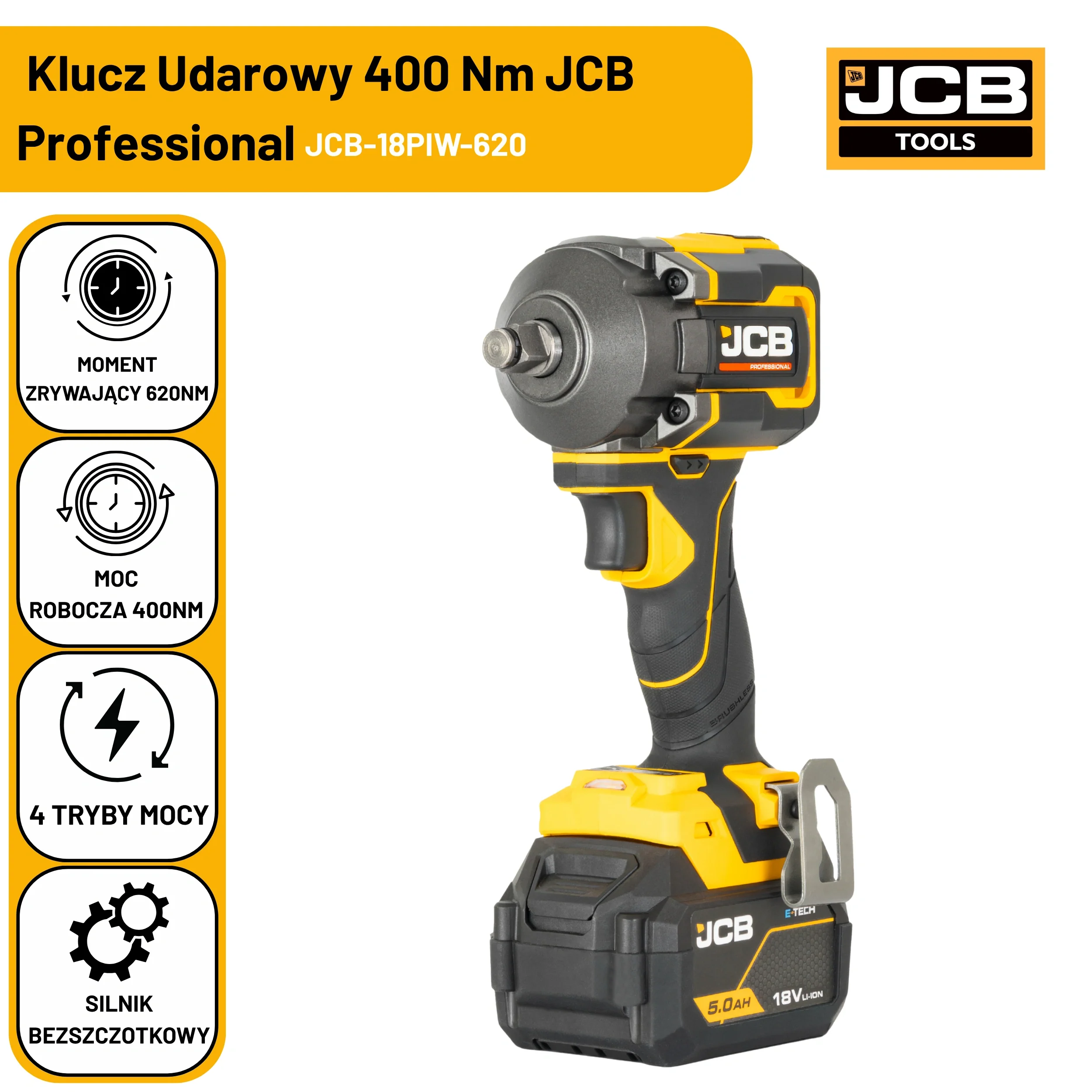 JCB Professional Klucz Udarowy Akumulatorowy 18V 620Nm Zestaw 2x 5,0Ah Ładowarka 4,5A Walizka