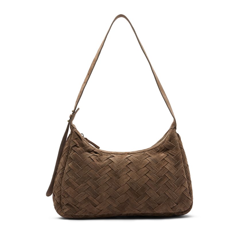 Manfield Taupe suède gevlochten schoudertas