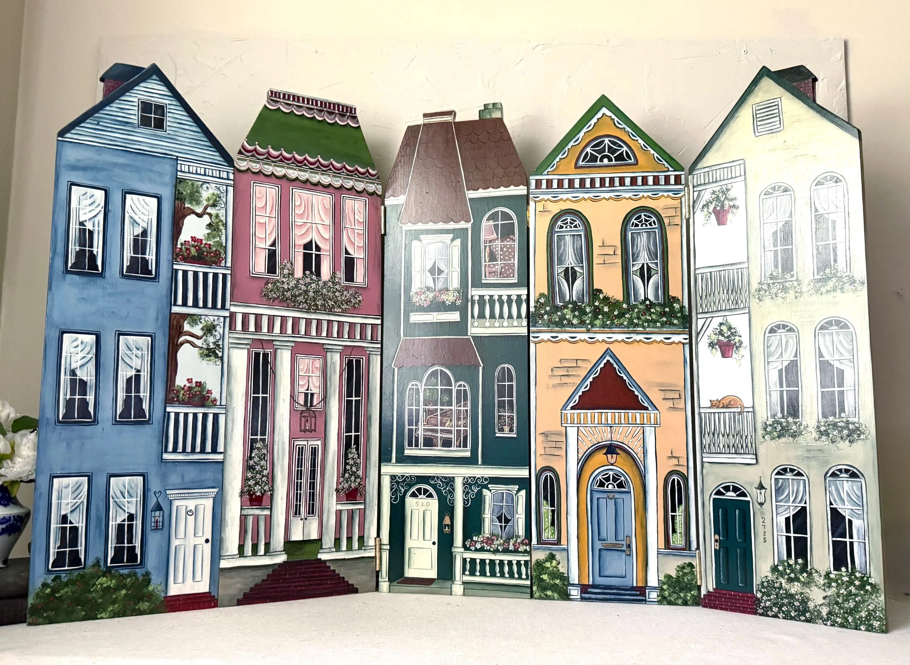 Gorgeous Vintage Hand Painted Shabby Chic Wooden Whimsical Old Architectural Design Home Facade Folding Panels - Folding Fireplace Screen