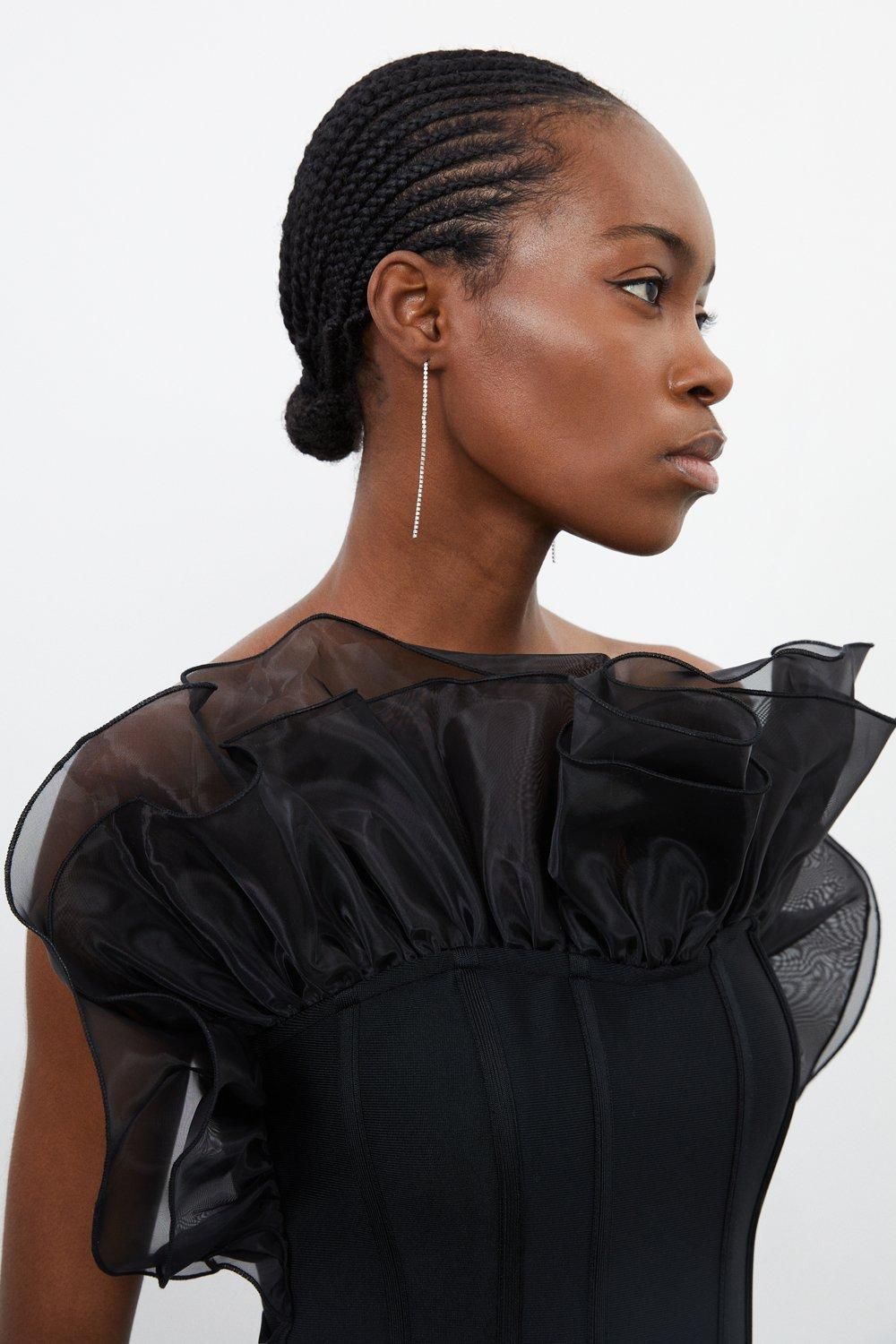 KarenMillen Figure Form Bandage Knit Organza Frill Detail Top