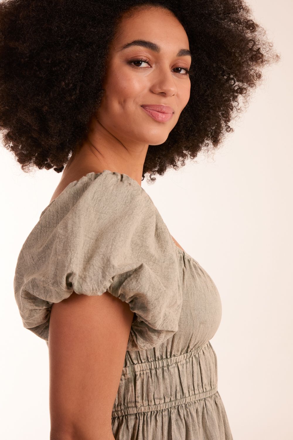 Blue Vanilla Milkmaid Washed Puff Sleeve Midi Dress