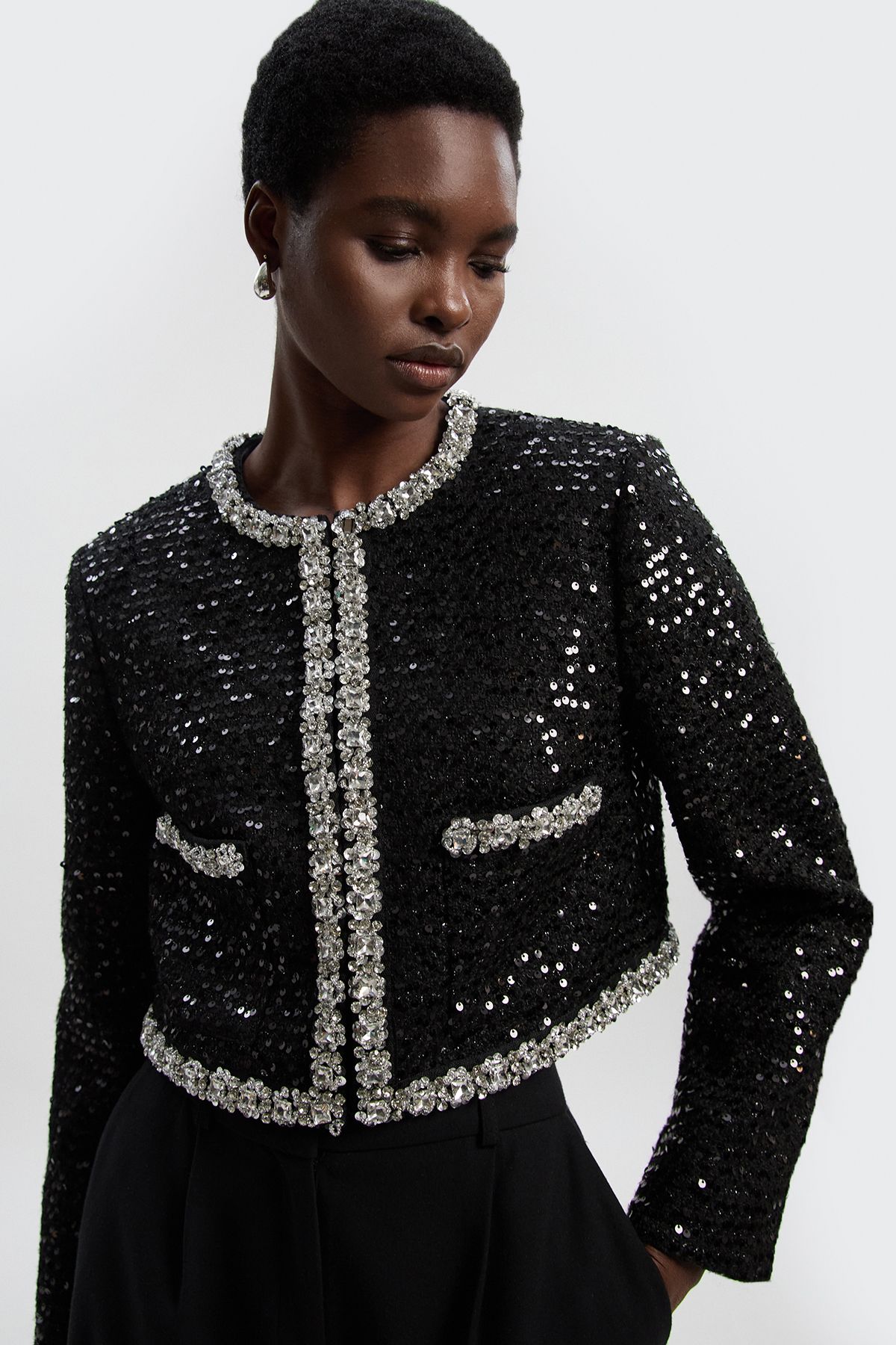 KarenMillen Petite Tailored Sequin Tweed Embellished Cropped Jacket
