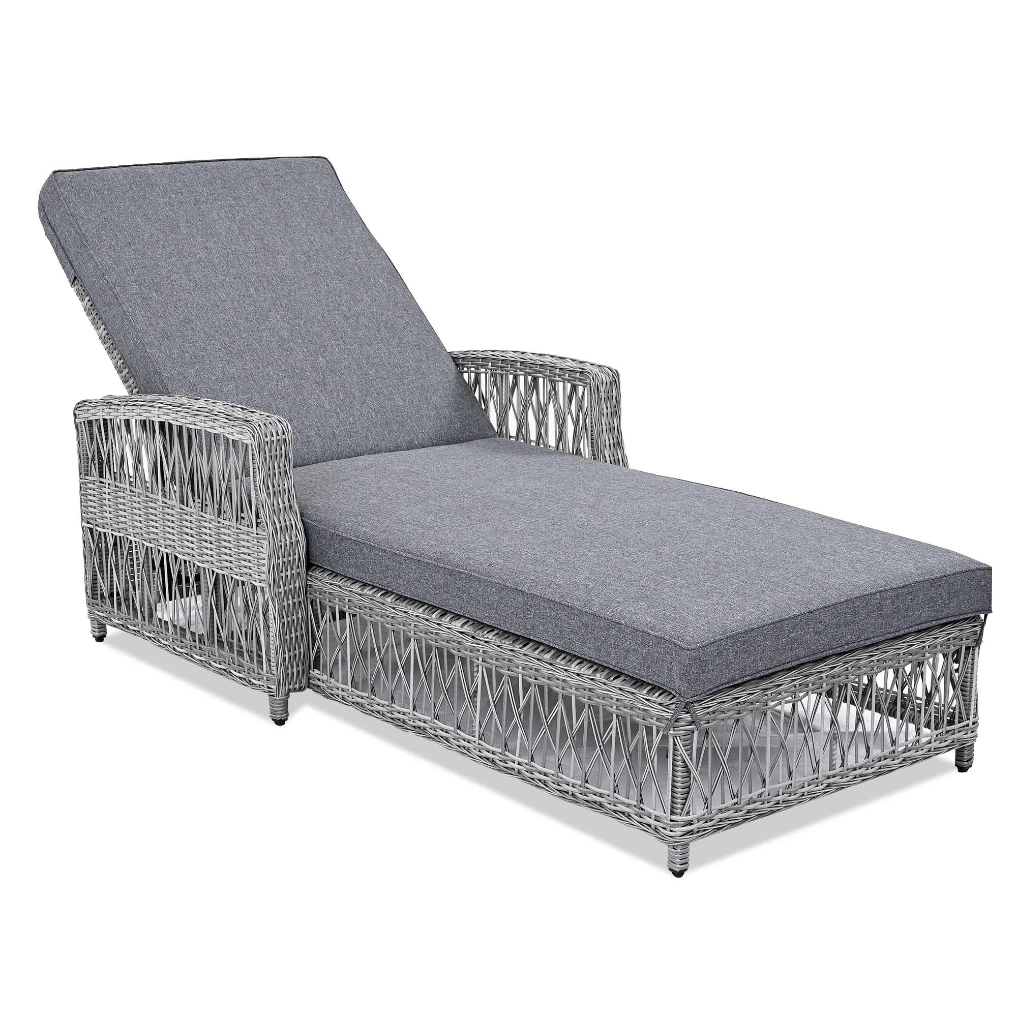 All Weather Adjustable Outdoor Wicker Chaise Lounge Chair with Removable Cushion and Armrests for Patio Poolside