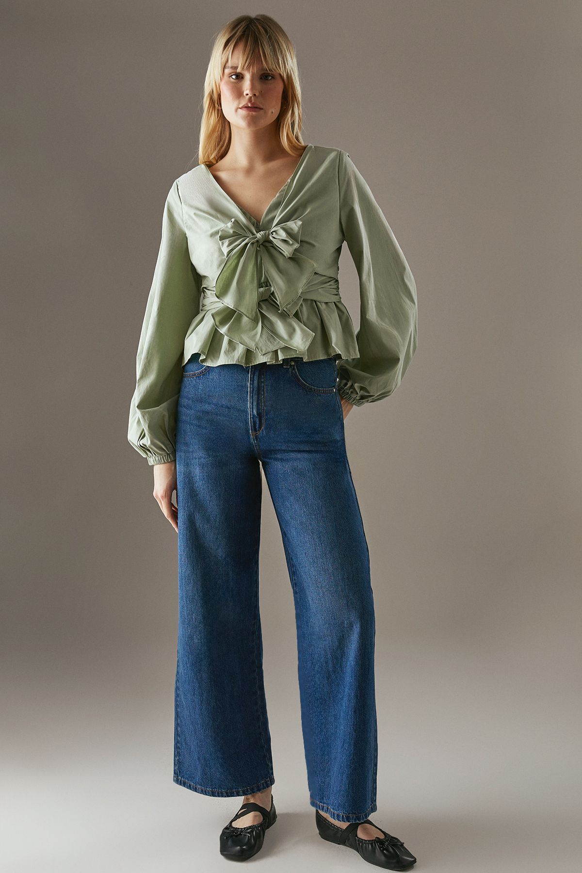 Warehouse Poplin Tie Front Balloon Sleeve Blouse