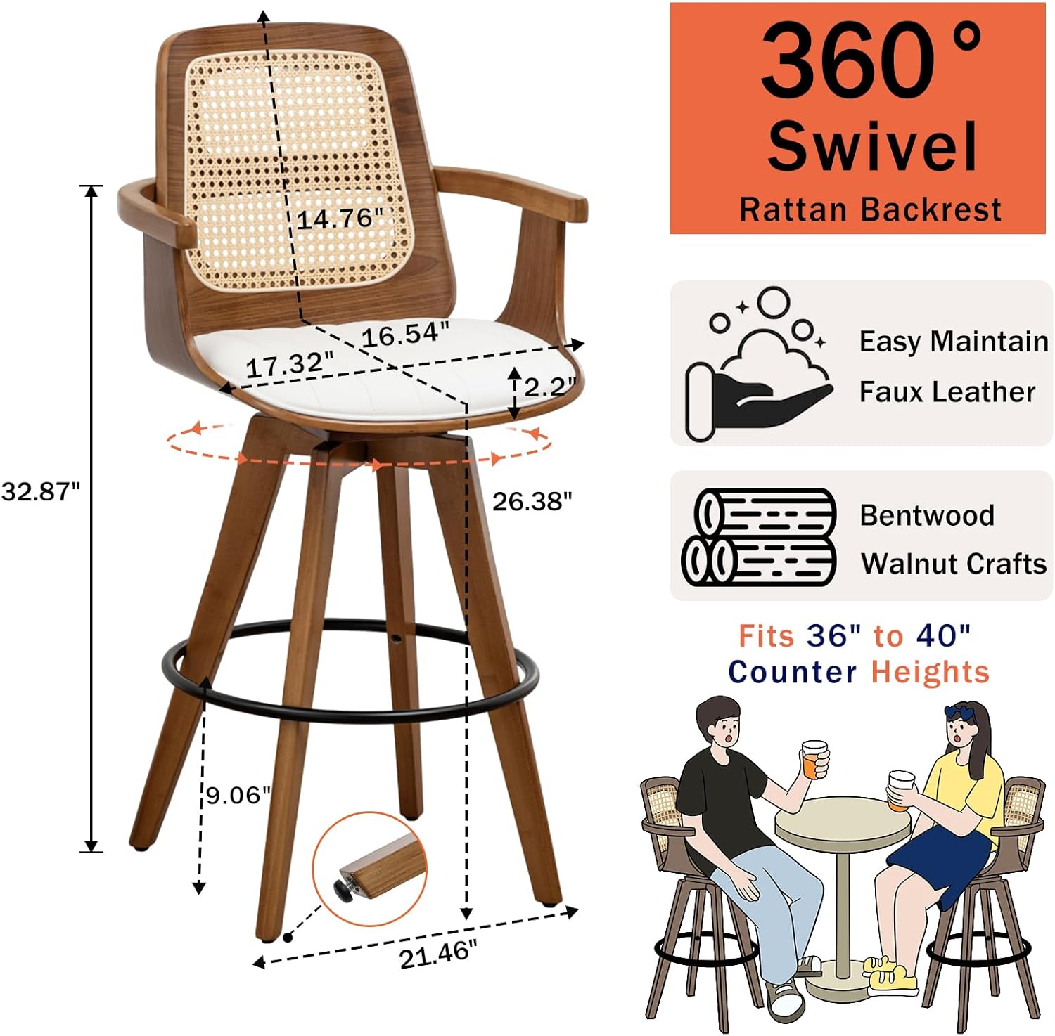 Counter Height Stools Set of 2, 26.3 Seat Height 360° Swivel Stools with Ergonomic Rattan Back, Faux Leather Seat, Bamboo Legs with Walnut Finish, Mid-Century Style (Cream)