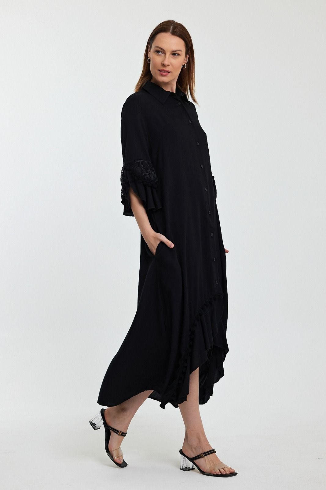 Belissh Button Front Midi Shirt Dress with Lace Sleeve Detail in Black
