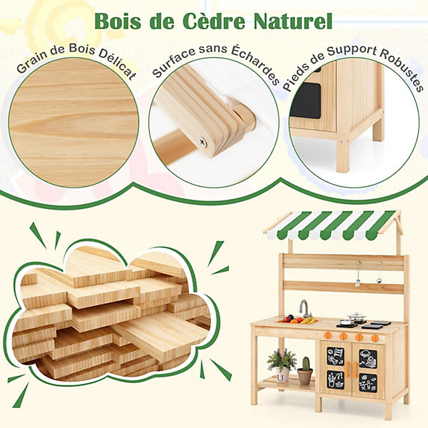 Cuisine enfant avec auvent, tableaux noirs, 4 foyers, évier, robinet, espace de rangment, en bois pour enfant 3  ans