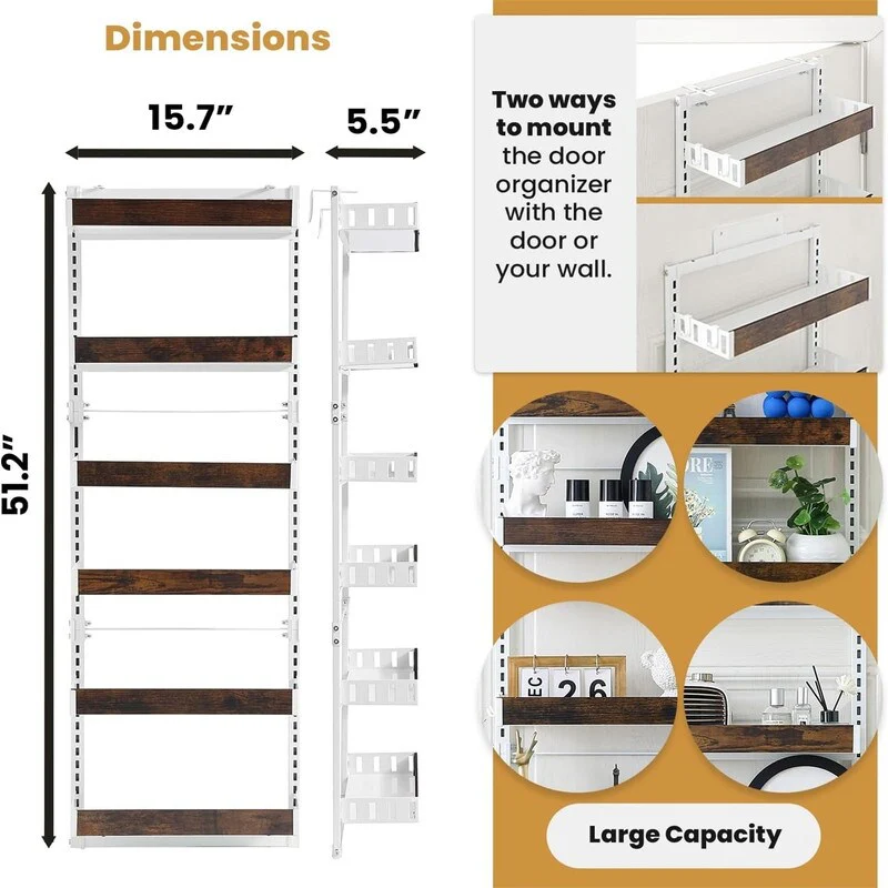 Door Storage Rack - 6-tier food storage rack and storage shelf, wooden spice rack with 12 hooks, supports wall mounting.