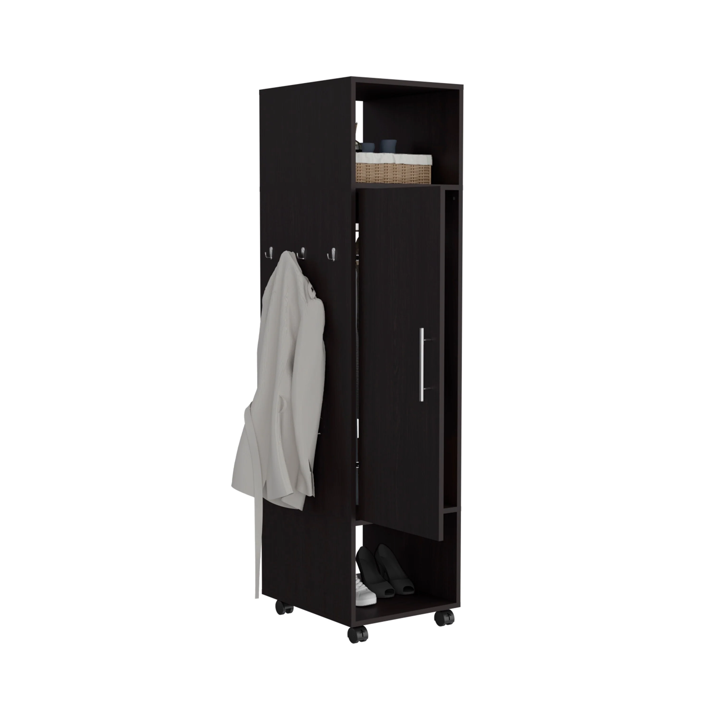 15.7 Modern Mirrored Armoire with Three Shelves, Casters and Hanging Rod