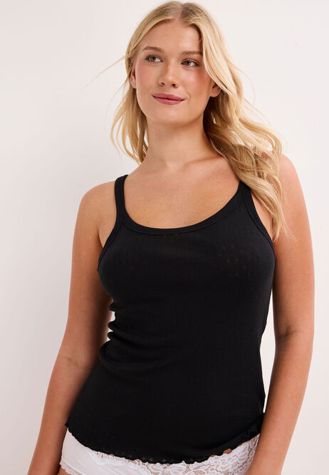 Womens Black Pointelle Strappy Thermal Cami Vest