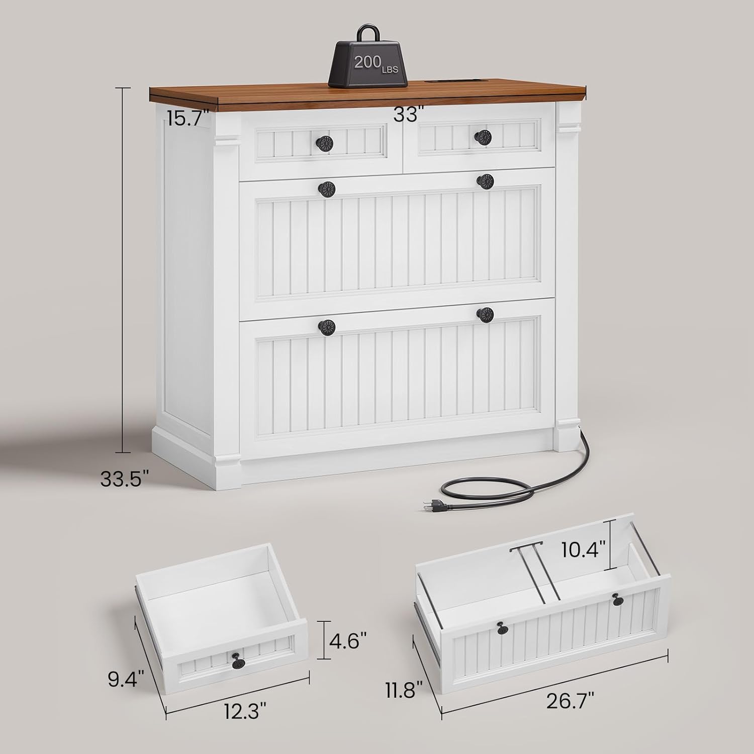 SEDETA 4 Drawers File Cabinet, 33 Farmhouse Filing Cabinets for Home Office fit Legal/Letter/A4 File, Wood Office File Cabinet with Power Outlets, Printer Stand with Storage, White+Brown