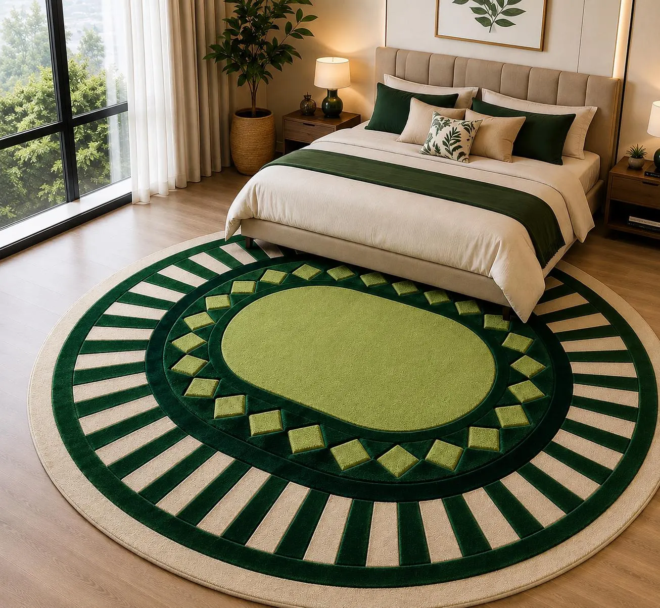 Hand-Tufted Wool Round Medallion Rug, Emerald Green Geometric Design (Fia Carpets)
