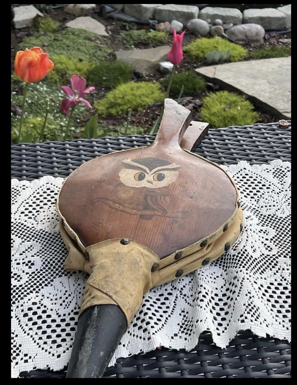 Vintage 1970s handmade Cabin fireplace bellow hand-painted owl Cottage Core