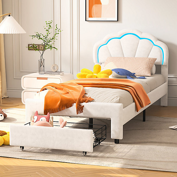 Lit simple capitonné 90x200 cm avec tiroirs, sommier à lattes, velours, bande lumineuse LED - Blanc