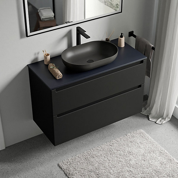 Meuble sous vasque suspendu MDF Noir mat, plan vasque Bleu nuit mat, tiroirs pivotants - 100x46x62cm - VIREO