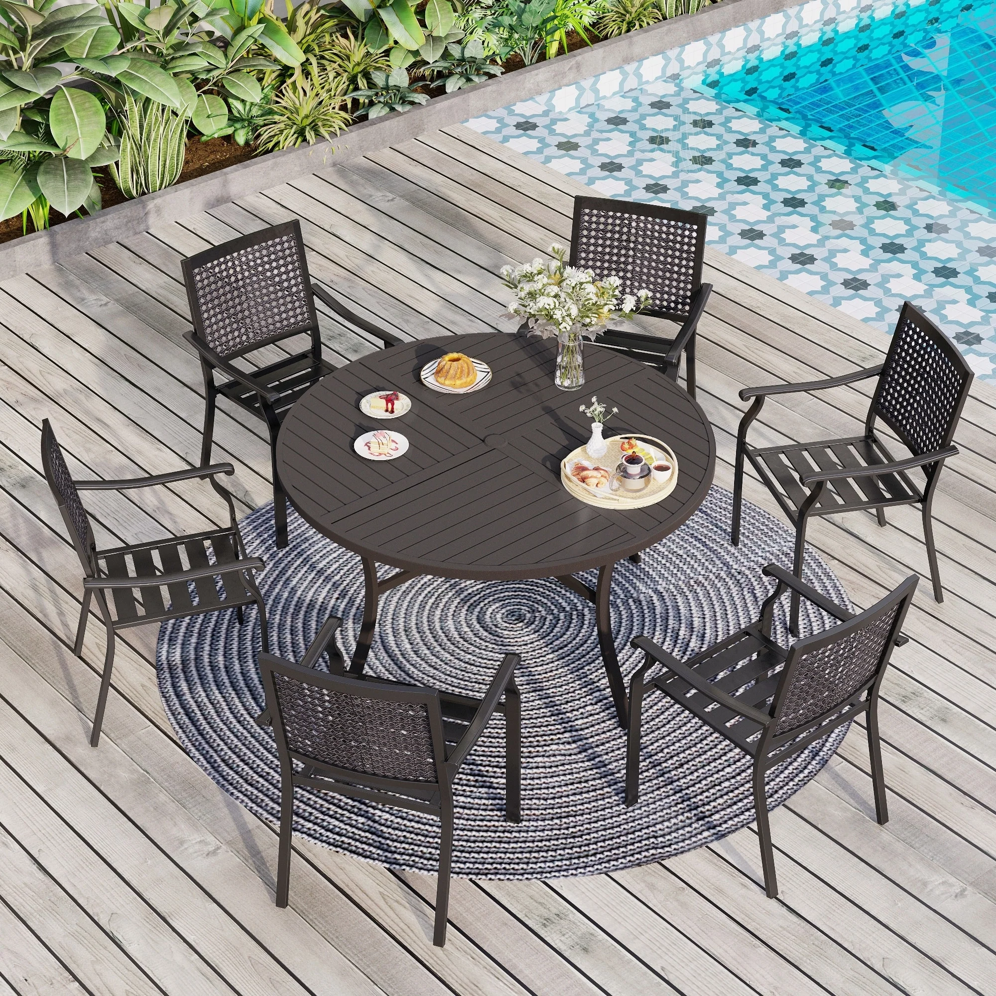 MAISON ARTS 7-Piece Patio Dining Set , Large Round Dining Table with Umbrella Hole & Metal Swivel Dining Chairs