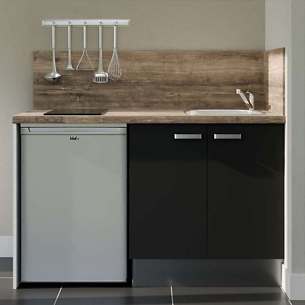 Kitchenette K17 façades Noir - Plan de travail Bois - Crédences : Oui - Evier inox - Electroménager Inox inclus