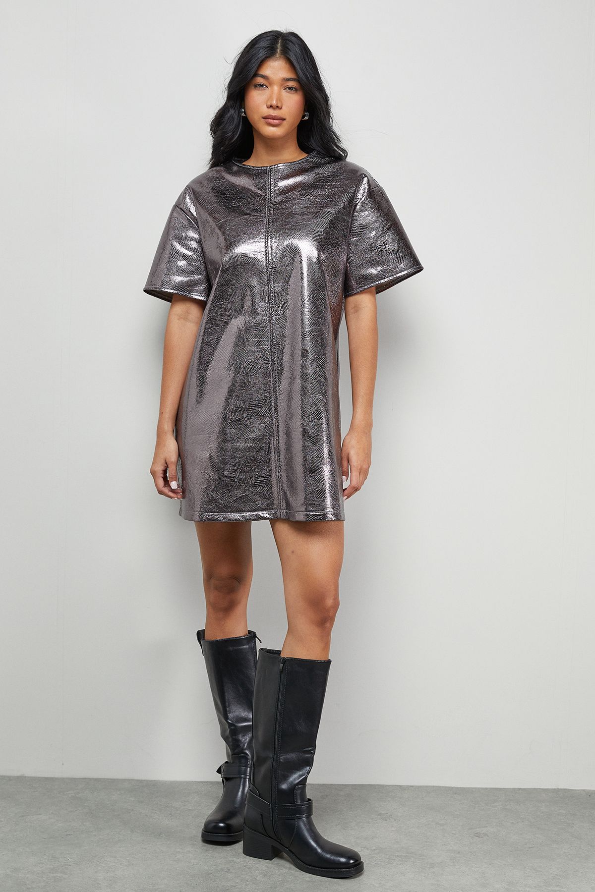 Warehouse Metallic Faux Reptile Leather Tshirt Mini Dress