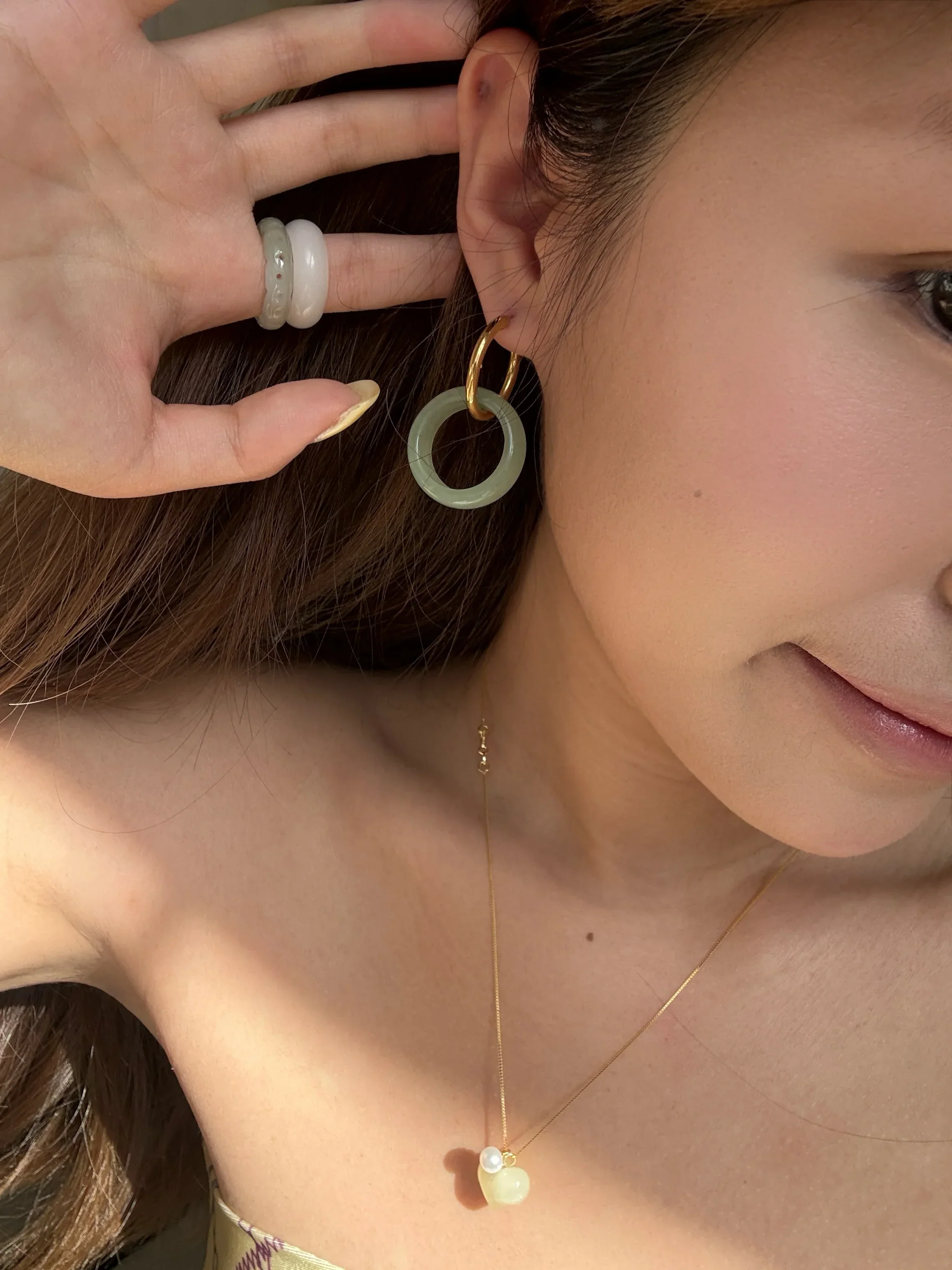 Amelie Skinny — Jade Stone Hoop Earrings in Green