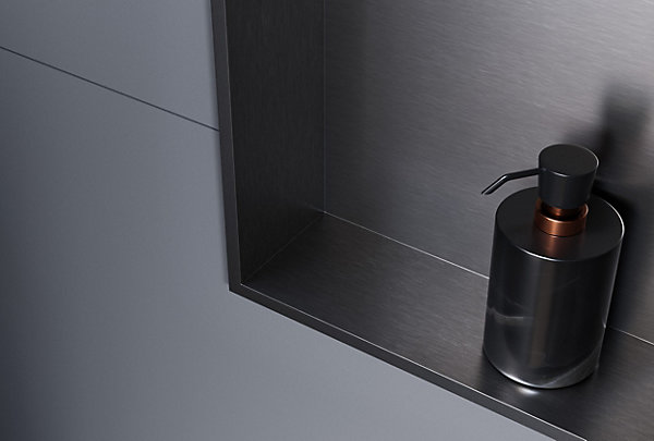 Niche murale douche acier inox   Spot LED, étagère douche encastrable - 30x30x10cm (HxLxP) - Gun métal, 1x Spot noir mat