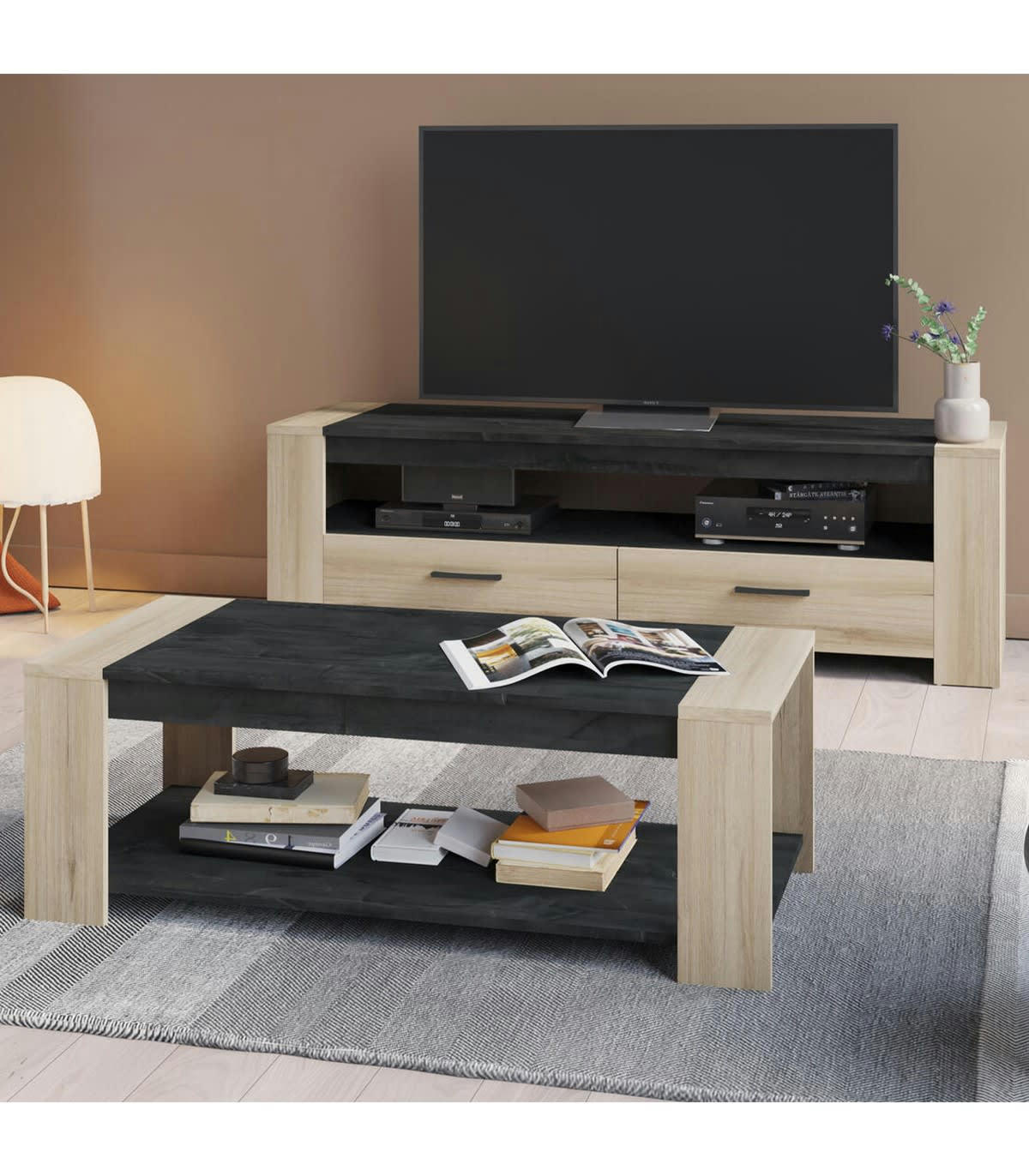 SHEFFIELD - Table Basse 2 Plateaux L109 cm - Décor chêne et ardoise