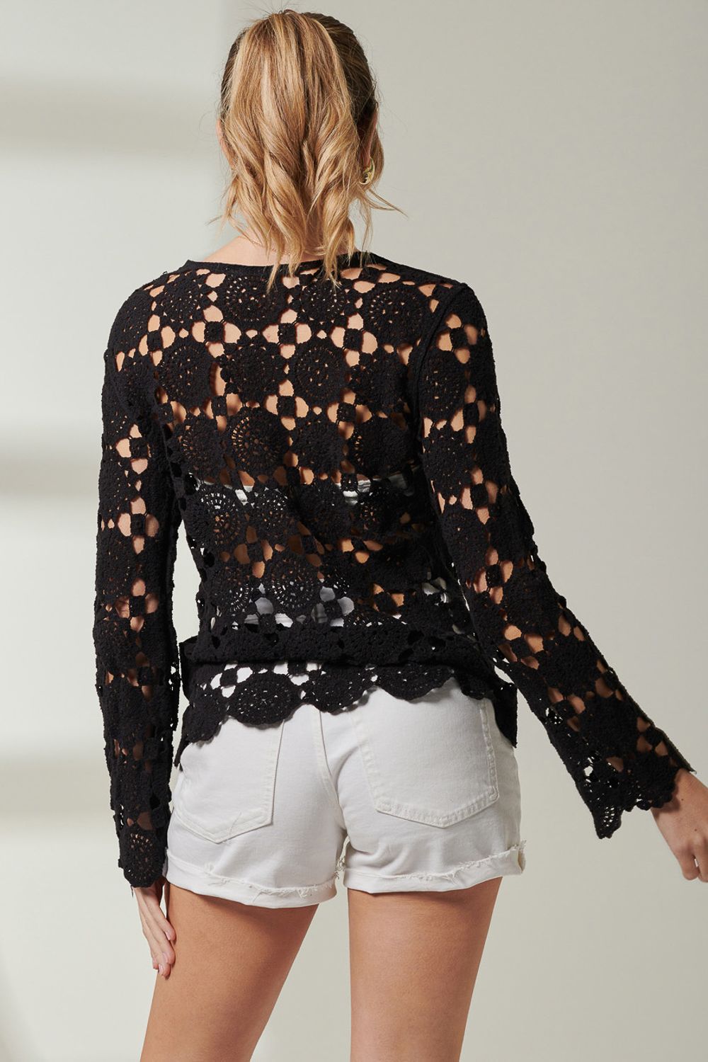 Jolie Moi Crochet Knit Long Sleeve Top