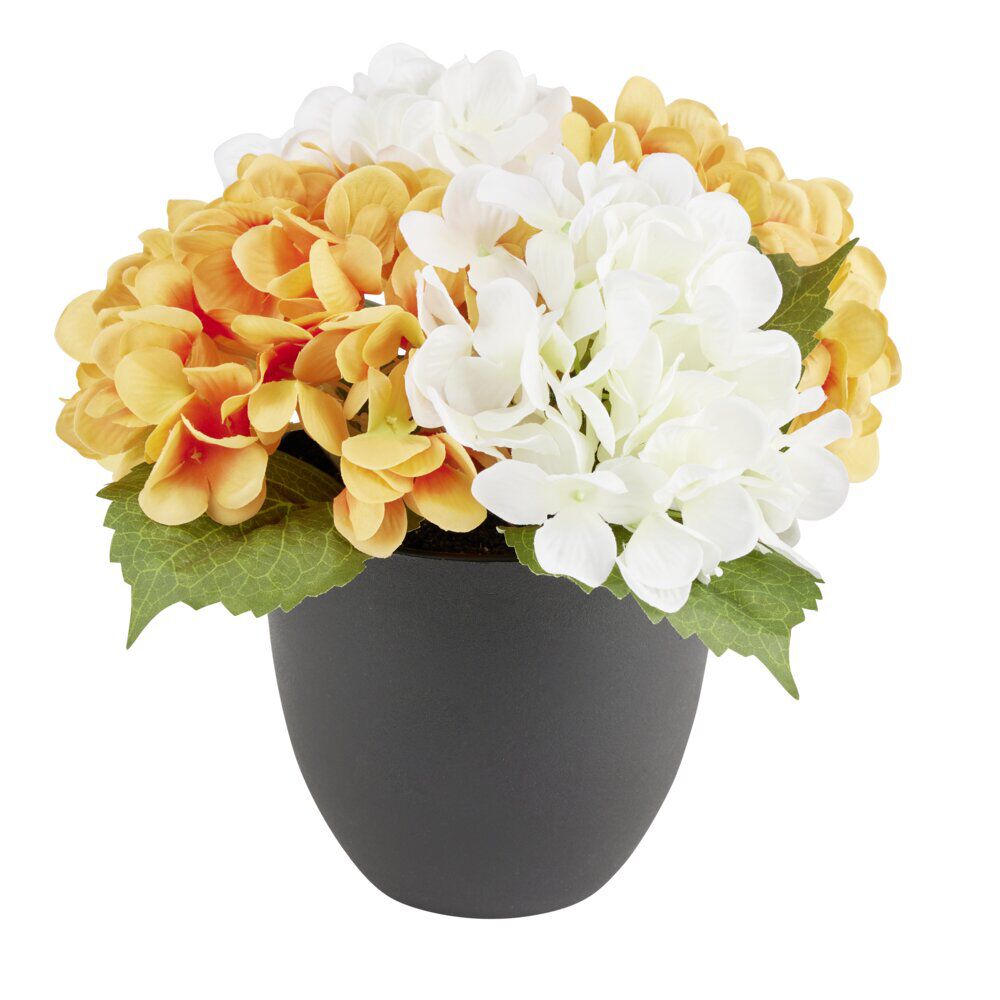 Pot fleur artificielle hortensia orange et blanc 4 tiges H23cm