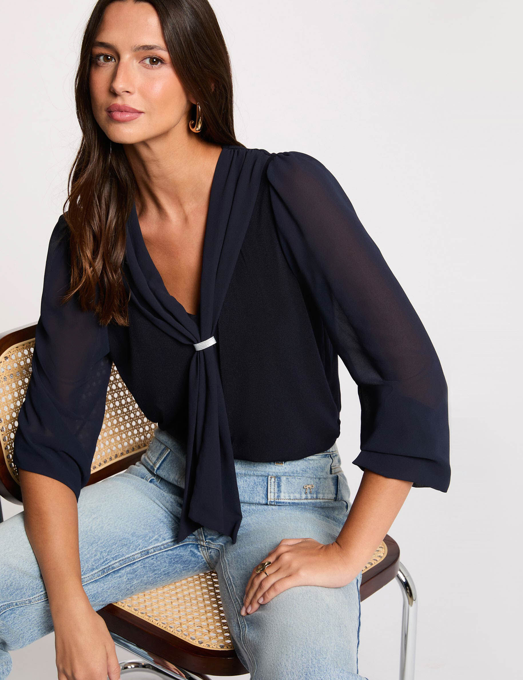 T-Shirt With Voile And Tie Neck Navy Blue Women