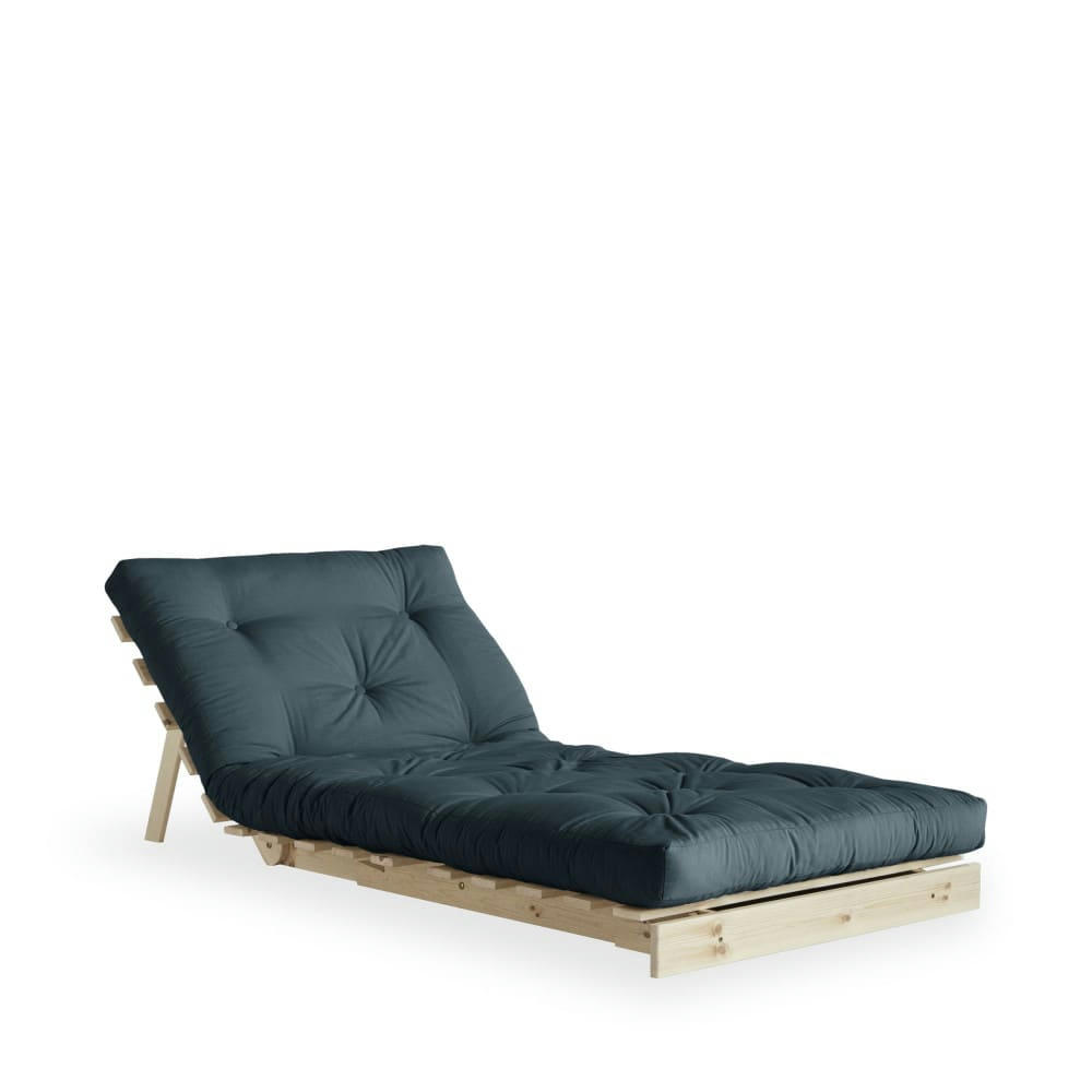 ROOTS - Fauteuil convertible 90x200cm en bois naturel et tissu bleu pétrole