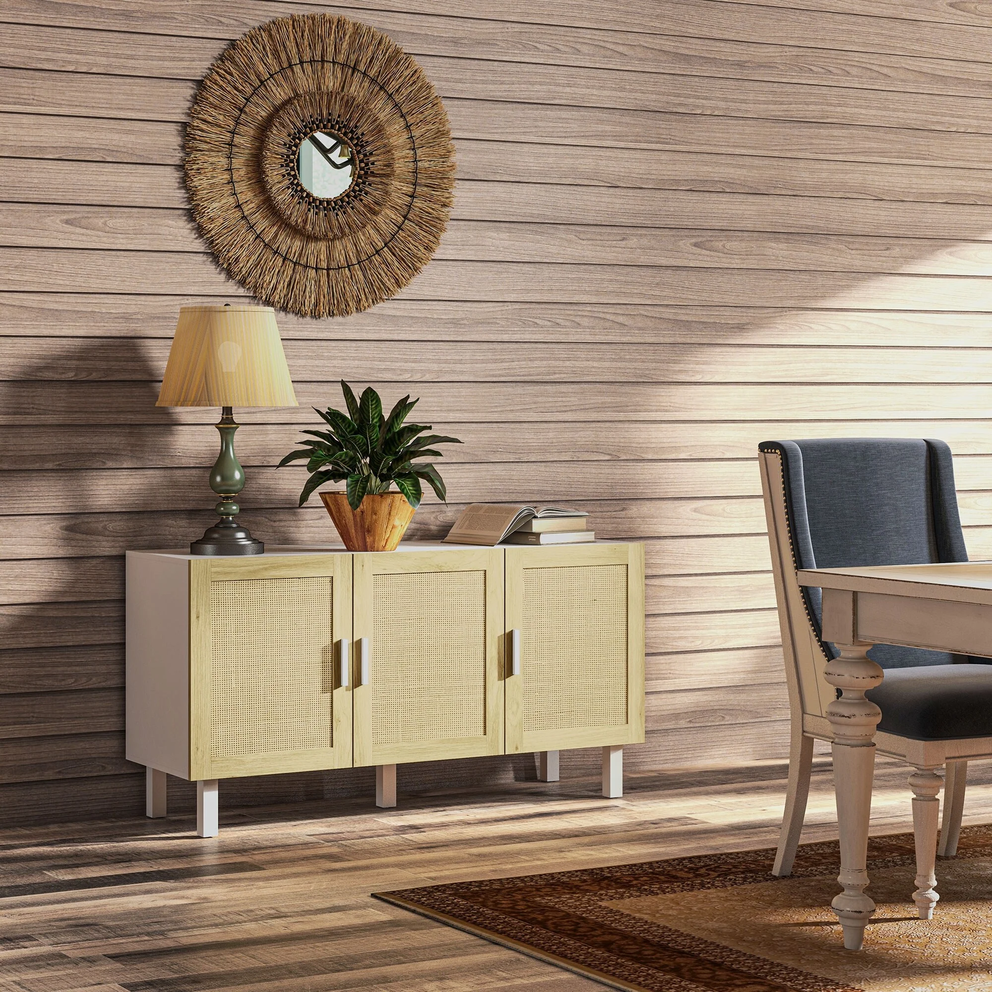 Sideboard Buffet Cabinet, Kitchen Cabinet, Coffee Bar Cabinet with 3 Rattan Doors and Adjustable Shelves