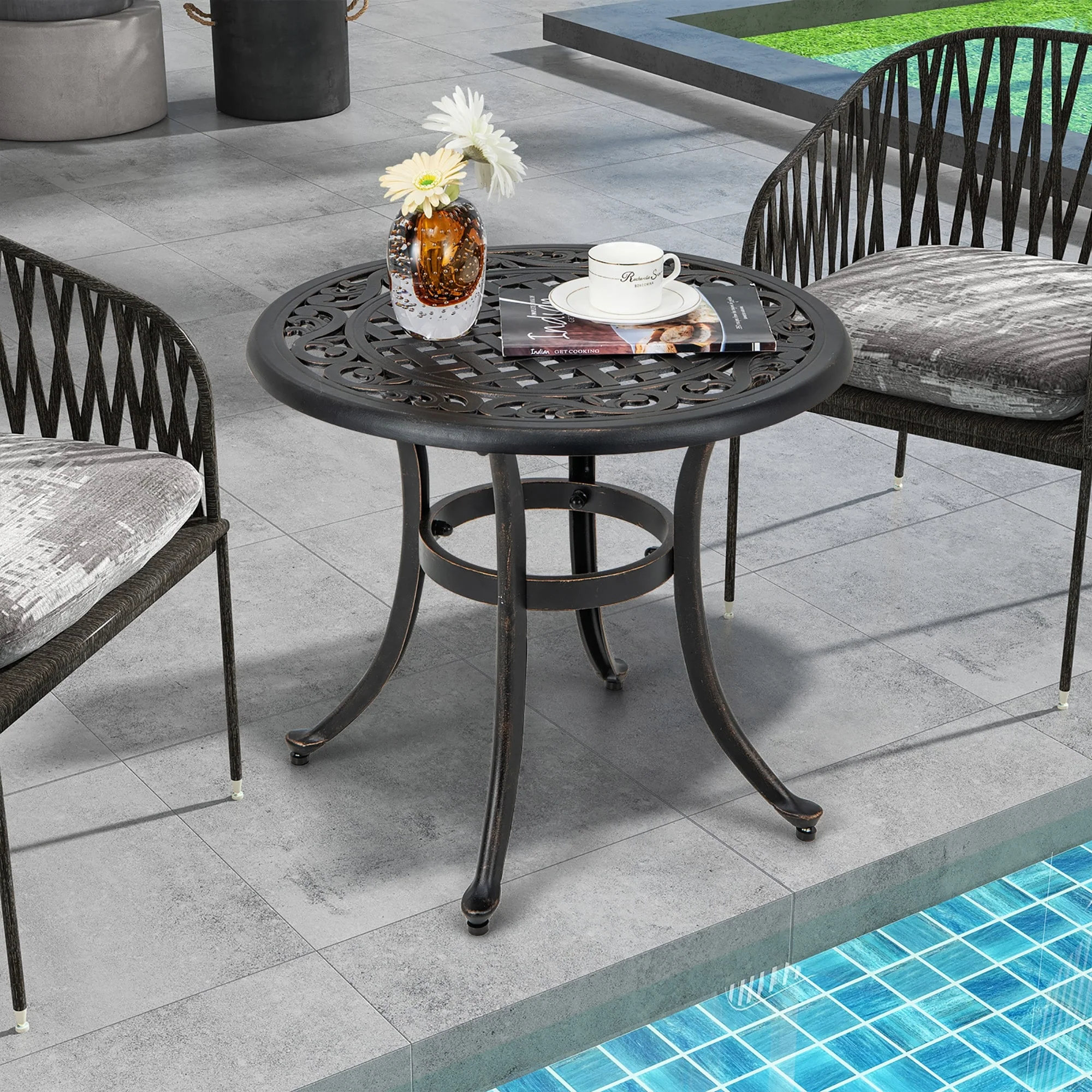 Gymax Cast Aluminum Patio Table 24''Outdoor Round Side Table Anti-Rust