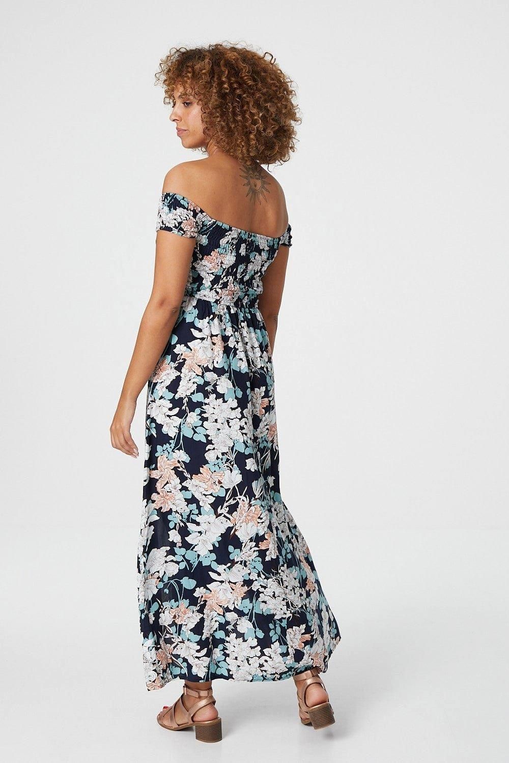 Izabel London Floral Bardot Shirred Maxi Dress