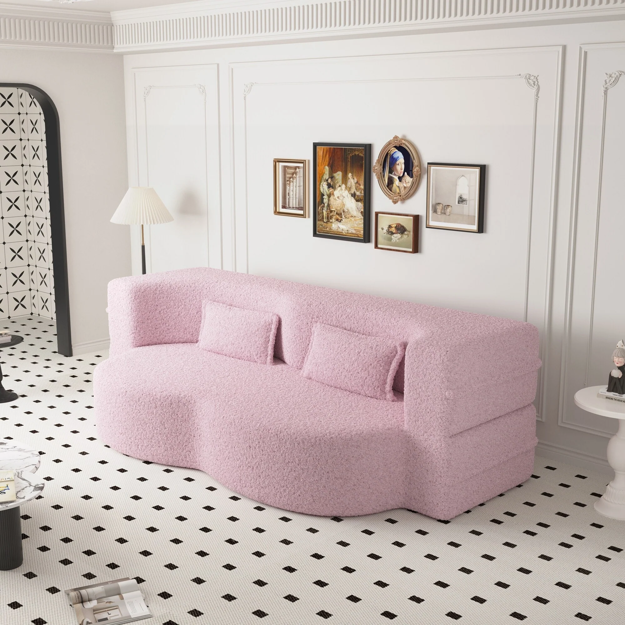 Floor Sofa with 2 Pillows,15 Full Size Folding Mattress,Pink