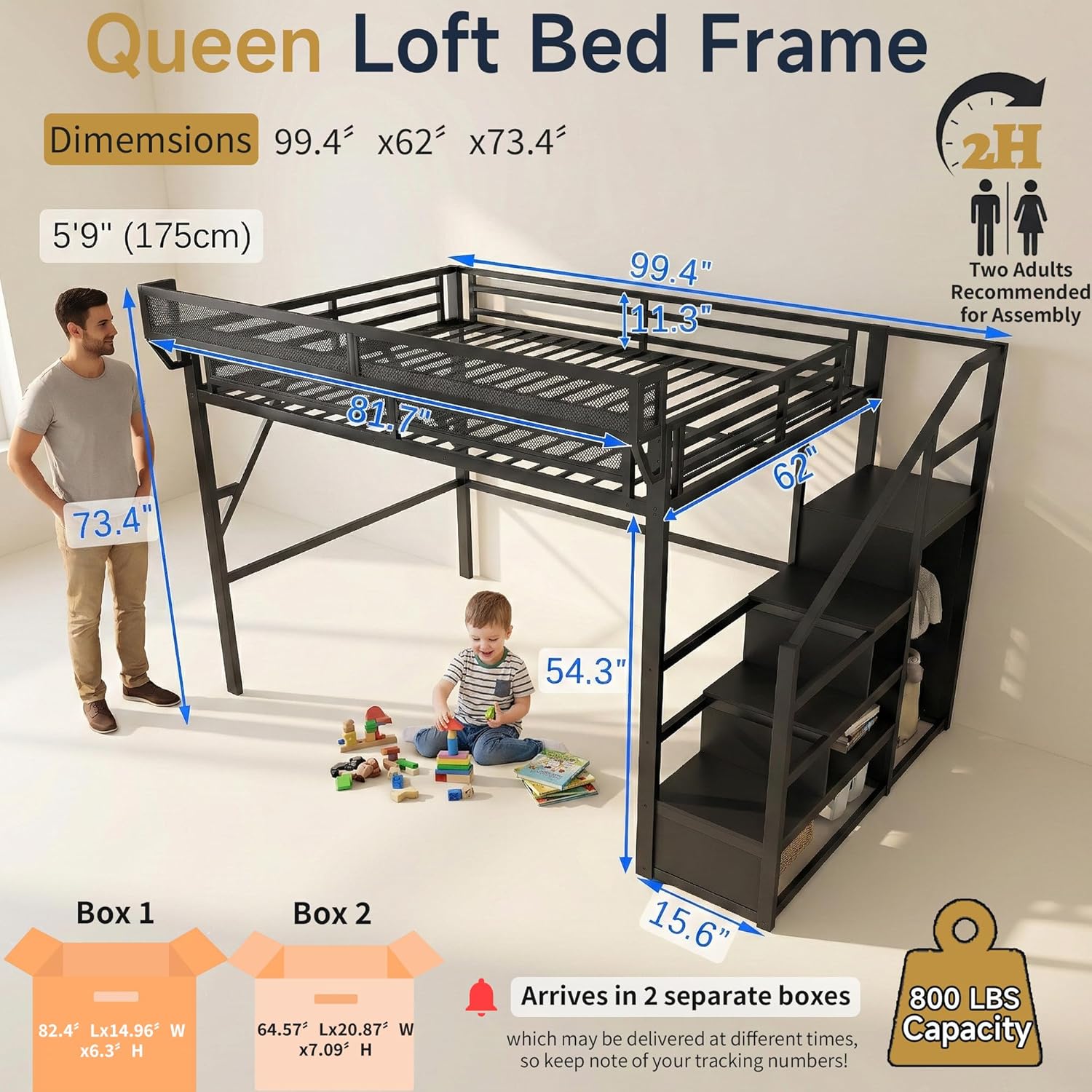 Queen Size Loft Bed with Stairs and Storage, Metal Loft Bed Frame with Bedside Shelf and Large Under-Bed Space, Heavy-Duty Loft Beds for Adults Teens and Kids, Convertible Staircase, Black