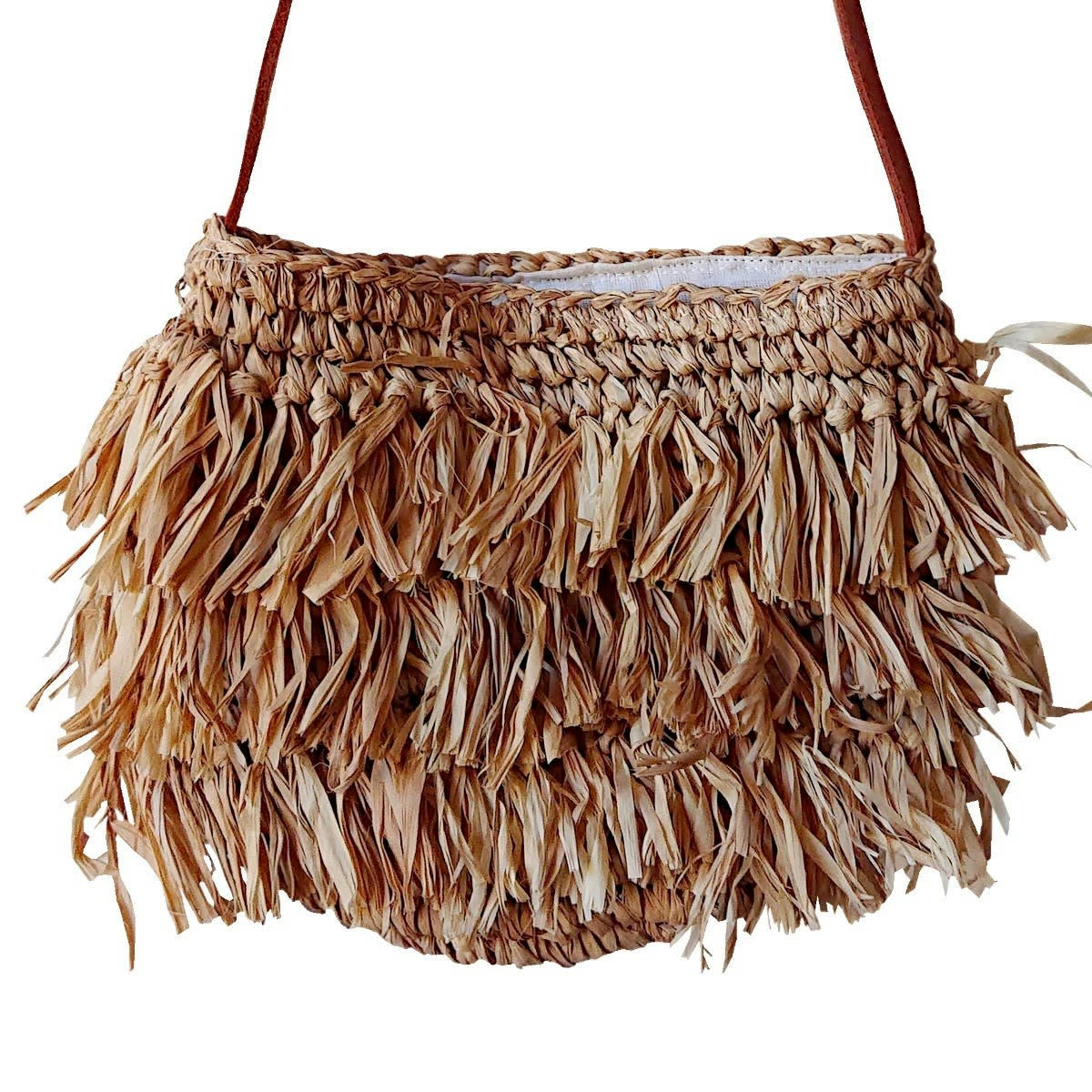 BONA - Sac bandoulière en raphia avec anse en cuir, beige