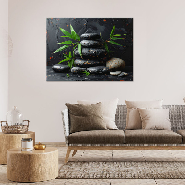 Obraz do salonu sypialni, Czarne kamienie zen spa liście na czarnym 30x20