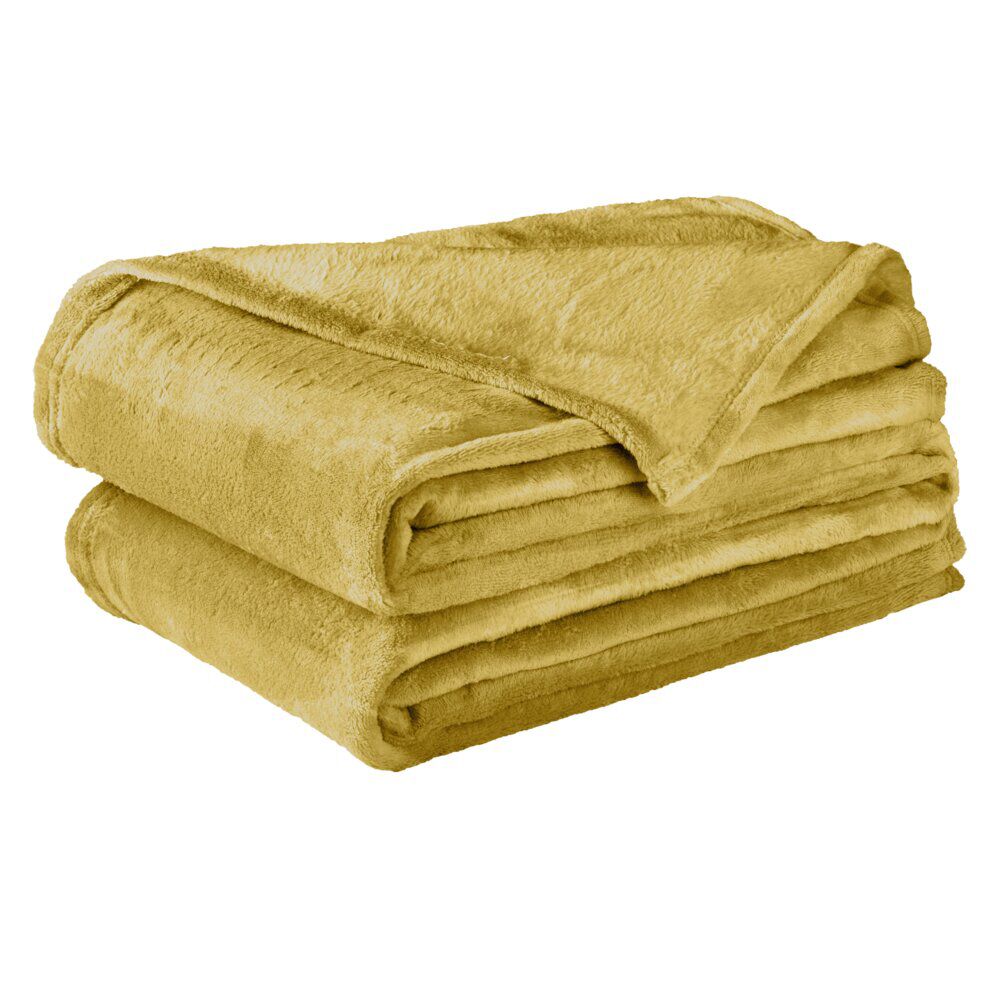 Plaid polyester 1 place uni jaune moutarde