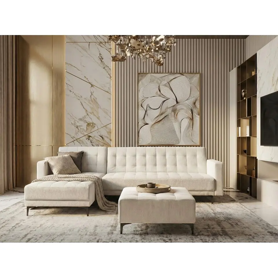 ABERDEEN - Slaapbank met ottomaan - Off-white - Rechtszijdig - Stof