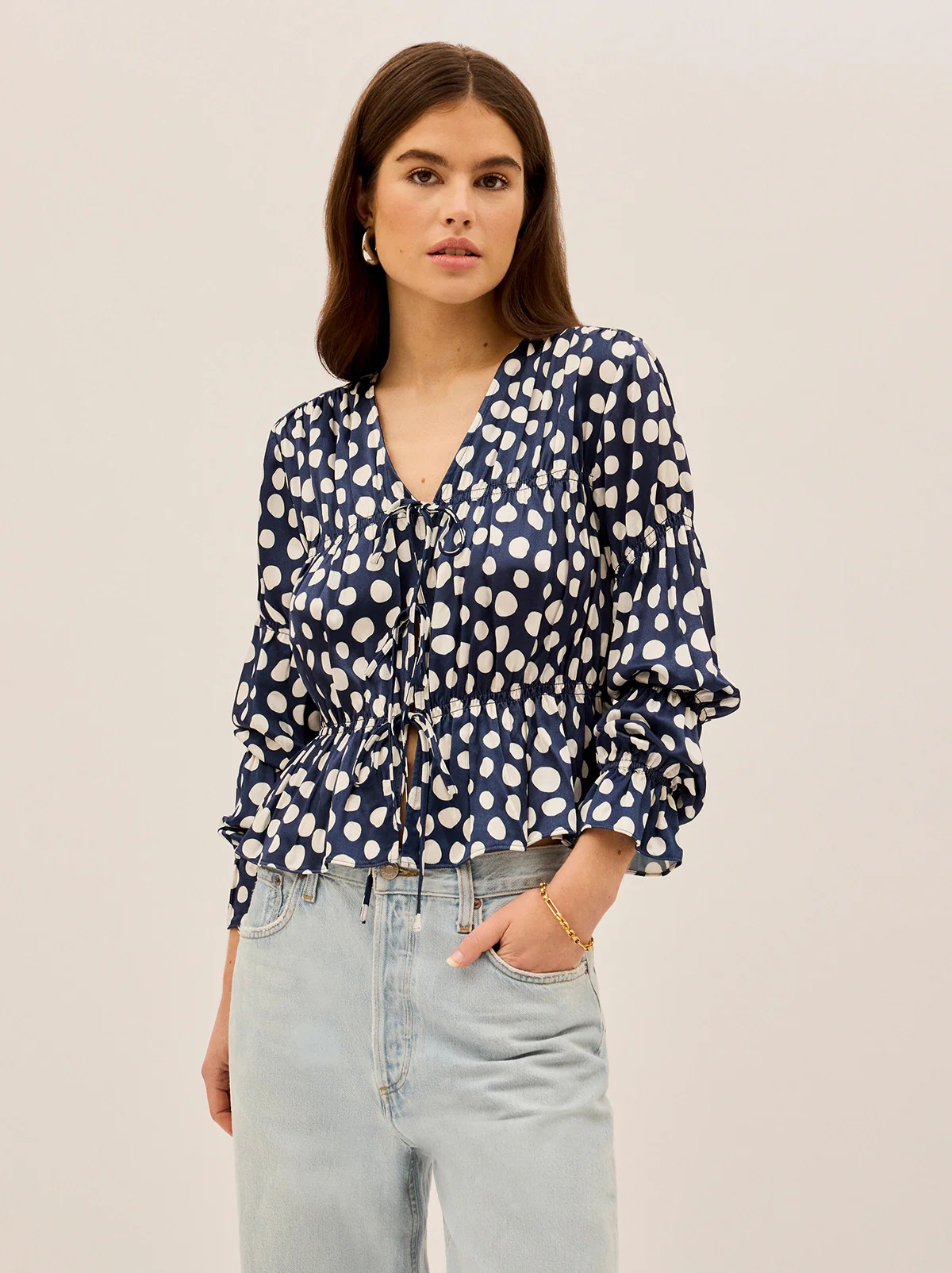Maia Navy Polka Dot Satin Top