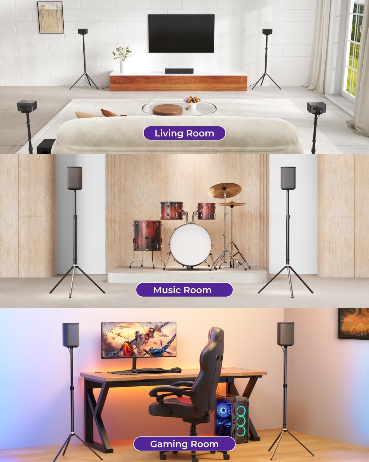 ULTIMEA Universal Speaker Stands Pair, Height Adjustable 24.4-36.6, Fits Most Satellite & Surround Speakers, 3 Mounting Options, Holds 6.6 lbs, Easy Assembly, for Home Theater, Steady 310