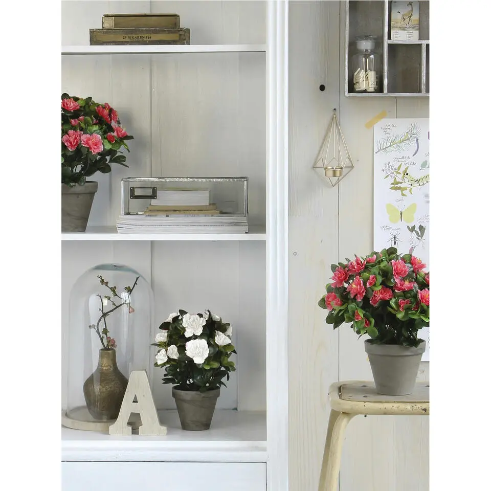 Mica Decorations Kunstplant Azalea - witte bloemen - 27 cm - pot grijs